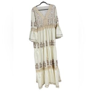 0411 Ursime Large/XL Boho Maxi Dress Cream Lace Embroidered Peasant‎ Cottagecore